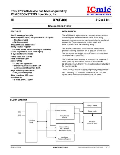 ICmic X76F400 Secure Serial Flash Datasheet - cover page