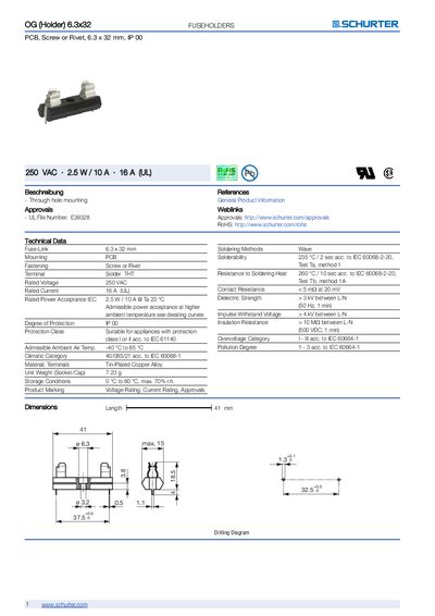 SCHURTER 6.3 x 32 mm IP 00 PCB Fuse Holder Datasheet - cover page
