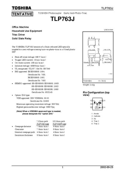 Toshiba TLP763J Photocoupler Datasheet - cover page