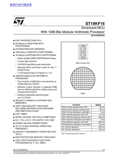 STMicroelectronics ST19KF16 Smartcard MCU Datasheet - cover page