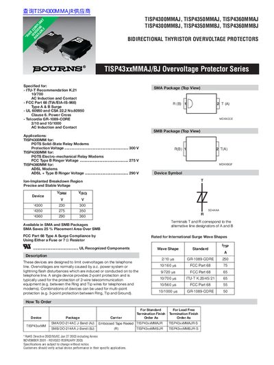 BOURNS TISP4300MMAJ TISP4350MMAJ TISP4360MMAJ TISP4300MMBJ TISP4350MMBJ TISP4360MMBJ BIDIRECTIONAL THYRISTOR OVERVOLTAGE PROTECTORS handbook - cover page