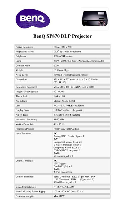 BenQ SP870 DLP Projector User Manual - cover page