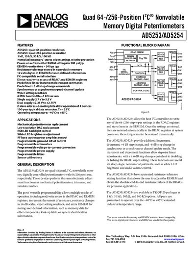Analog Devices AD5253/AD5254 Digital Potentiometer Datasheet