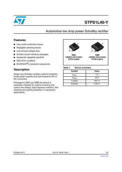 STMicroelectronics STPS1L40-Y Automotive Low Drop Power Schottky Rectifier Datasheet
