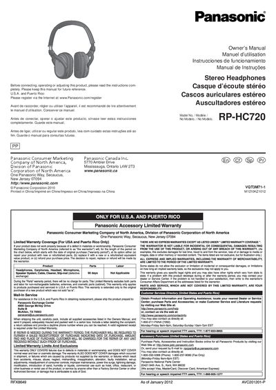 Panasonic RP-HC720 Stereo Headphones Owner's Manual - cover page