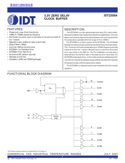 IDT IDT2309A 3.3V Zero Delay Clock Buffer Datasheet - cover page