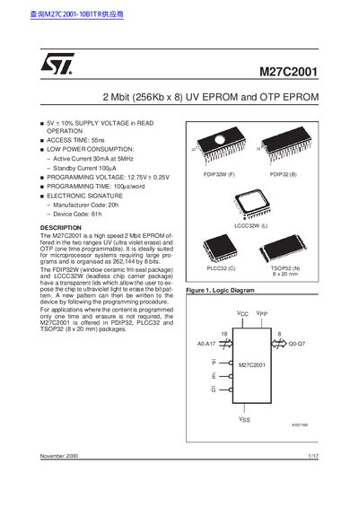 STMicroelectronics M27C2001 2Mbit EPROM Datasheet - cover page