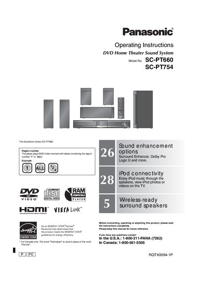 Panasonic SC-PT660/SC-PT754 DVD Home Theater Sound System Operating Instructions