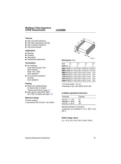 Siemens Matsushita Components X7R/B Multilayer Chip Capacitors Datasheet - cover page