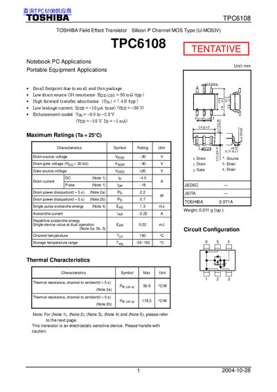Toshiba TPC6108 P-Channel MOSFET Datasheet - cover page