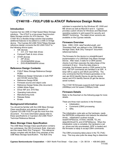 Cypress CY4611B FX2LP USB to ATA/CF Reference Design Notes - cover page