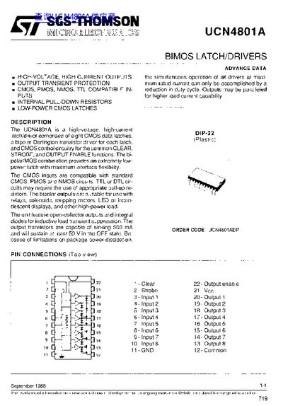 SGS-THOMSON UCN4801A High-Voltage Latch/Driver Datasheet - cover page