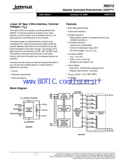 Intersil X9313 Digitally Controlled Potentiometer Data Sheet - cover page