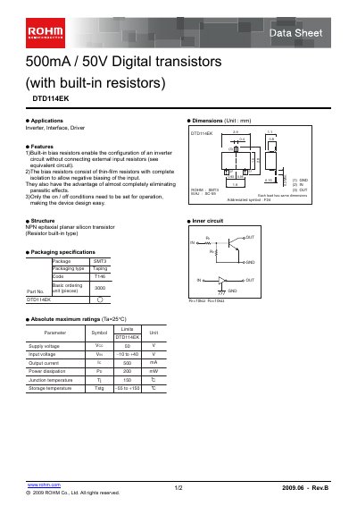 ROHM DTD114EK Datasheet - cover page