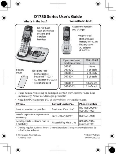 Uniden D1780 Series Cordless Phone User's Guide - cover page