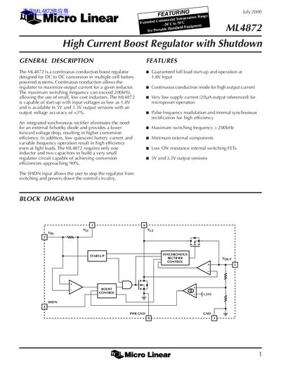 Micro Linear ML4872 High Current Boost Regulator Datasheet - cover page