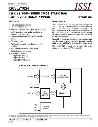ISSI IS63LV1024 128K x 8 High-Speed CMOS Static RAM Datasheet - cover page