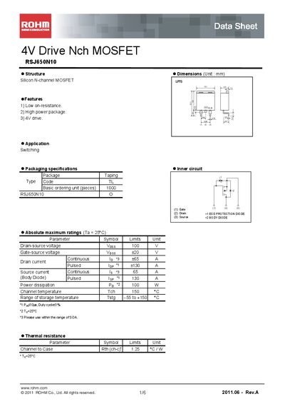 ROHM RSJ650N10 4V Drive N-Channel MOSFET Datasheet - cover page