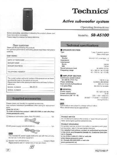 Technics SB-AS100 Active Subwoofer System Operating Instructions - cover page