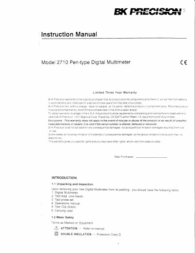 B+K Precision Model 2710 Pen-type Digital Multimeter Instruction Manual - cover page