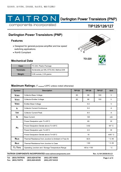 Taitron TIP125/126/127 Darlington Power Transistor Datasheet - cover page