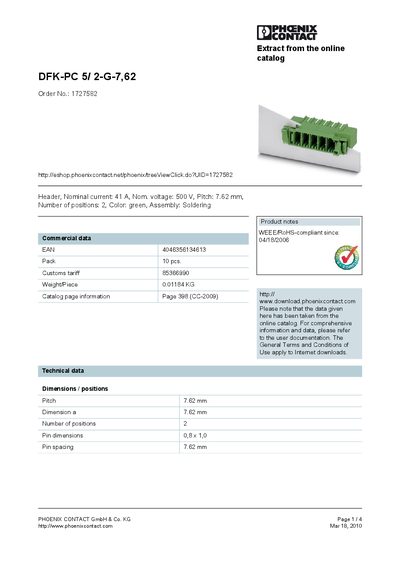 PHOENIX CONTACT DFK-PC 5/ 2-G-7 62 Order No.: 1727582 Manual - cover page