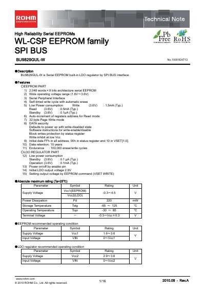 ROHM BU9829GUL-W Serial EEPROM with LDO Technical Note - cover page
