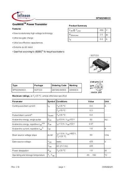 INFINEON SPN02N60C3 Manual - cover page