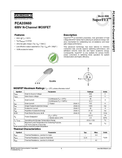 Fairchild FCA35N60 N-Channel MOSFET Datasheet - cover page