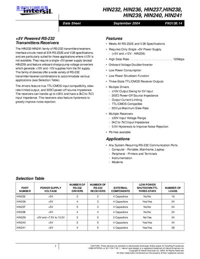 intersil HIN232 HIN236 HIN237 HIN238 HIN239 HIN240 HIN241 handbook - cover page
