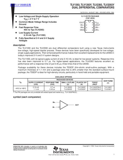 Texas Instruments TLV1393/TLV1393Y/TLV2393/TLV2393Y Dual Differential Comparators Datasheet - cover page