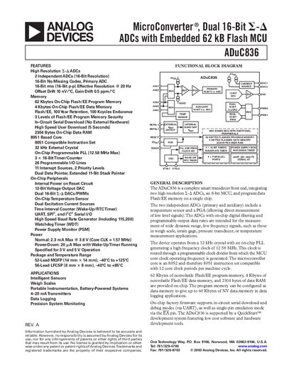 Analog Devices ADuC836 MicroConverter Dual 16‑Bit ADC Datasheet - cover page