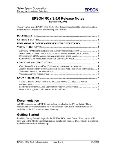 Epson RC+ 3.5.0 Release Notes - cover page