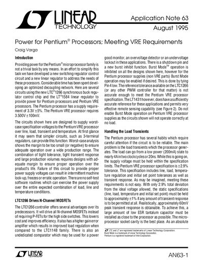 Linear Technology AN63-1 Application Note: Power for Pentium Processors - cover page