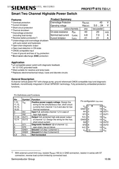 Siemens PROFET BTS 733 L1 Datasheet - cover page