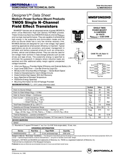 Motorola MMSF5N02HD Medium Power MOSFET Datasheet - cover page
