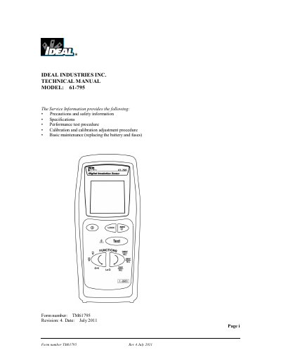 IDEAL 61-795 Hand-held Insulation Tester Service Manual - cover page