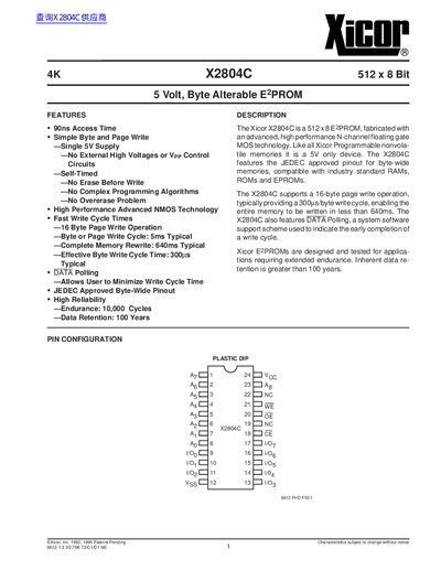 Xicor X2804C Data Sheet  - cover page