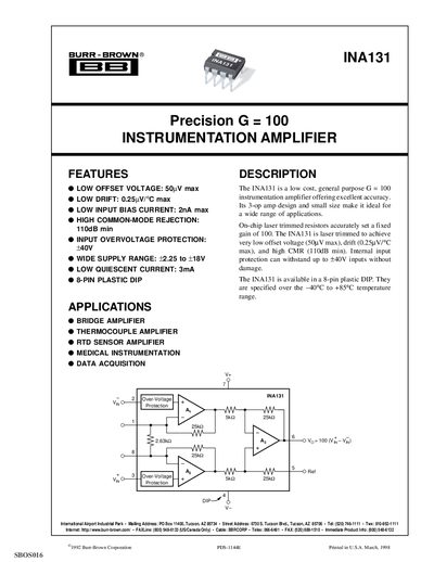 BURR BROWN INA131 Precision G = 100 INSTRUMENTATION AMPLIFIER handbook - cover page