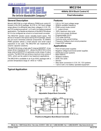 MICREL MIC2194 400kHz SO-8 Buck Control IC handbook - cover page