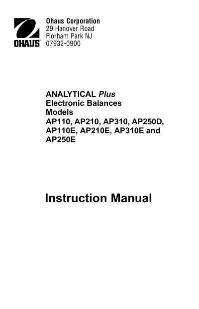 Ohaus Analytical Plus Series Electronic Balances Instruction Manual - cover page