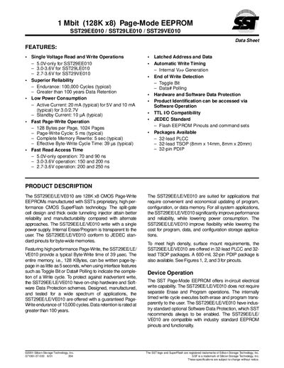 SST 1 Mbit (128K x8) Page-Mode EEPROM SST29EE010 SST29LE010 SST29VE010 Manual - cover page