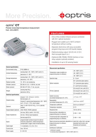 Optris CT Infrared Temperature Sensor Datasheet - cover page