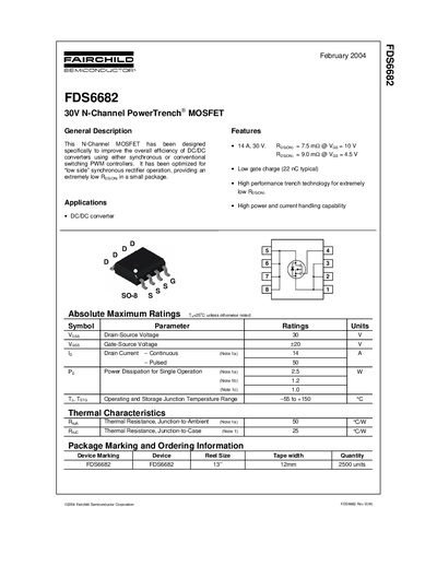 Fairchild Semiconductor FDS6682 30V N-Channel PowerTrench MOSFET Datasheet - cover page