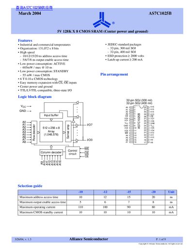 Alliance Semiconductor AS7C1025B 1M x 8 CMOS SRAM Datasheet - cover page