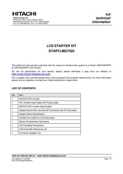 Hitachi STARTLMG7520 LCD Starter Kit Manual - cover page