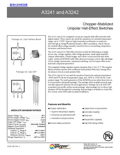 Allegro A3241 and A3242 Chopper-Stabilized Unipolar Hall-Effect Switches Datasheet - cover page