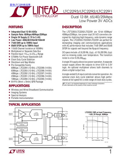 LINEAR LTC2293/LTC2292/LTC2291 Dual 12-Bit 65/40/25Msps Low Power 3V ADCs handbook - cover page
