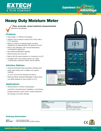 Extech 407777 Heavy Duty Moisture Meter Product Leaflet - cover page