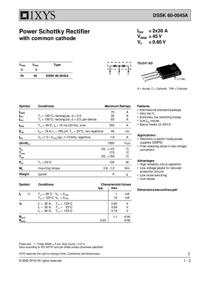 IXYS DSSK 60-0045A Power Schottky Rectifier Datasheet - cover page
